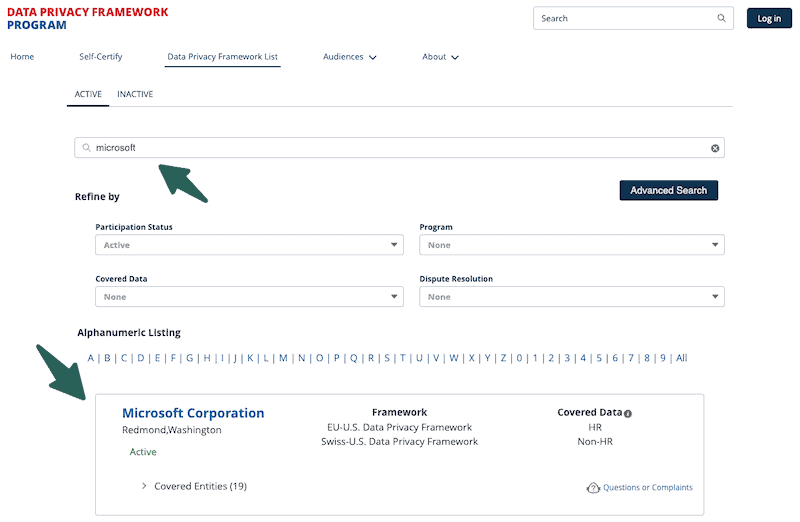 Ergebnis für Microsoft – Data Privacy Framework