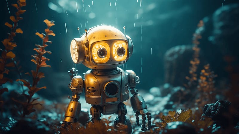 Midjourney Aspect Ratio: Roboter unter Wasser (Seitenverhältnis 16:9)