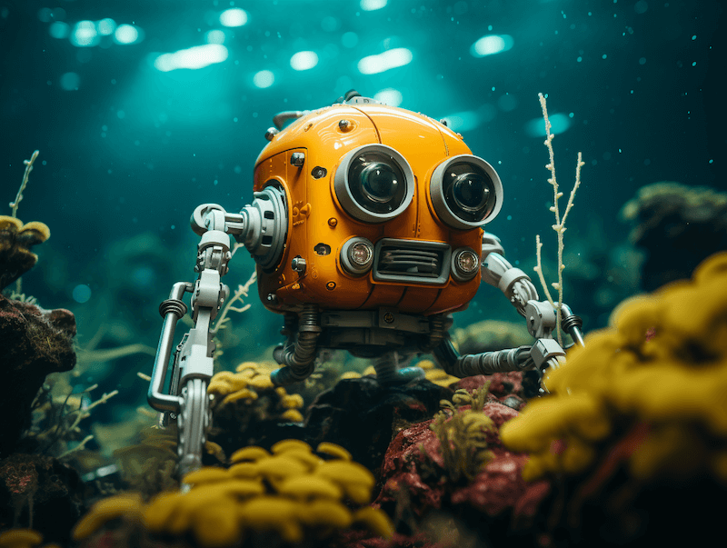 Midjourney Aspect Ratio: Roboter unter Wasser (Seitenverhältnis 4:3)