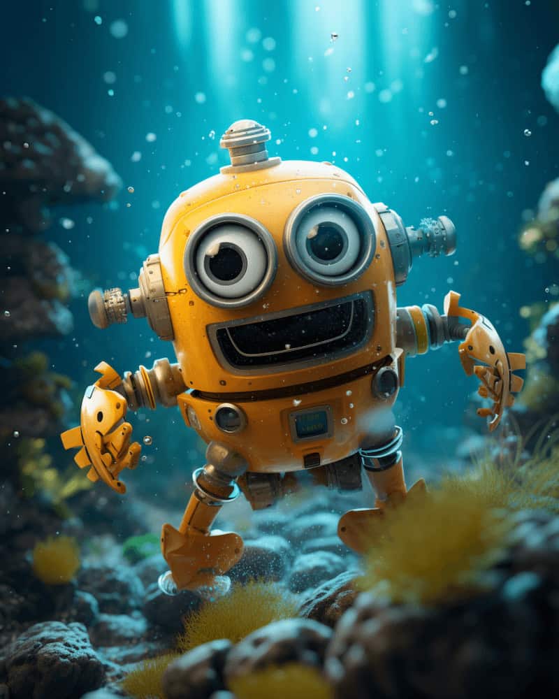 Midjourney Aspect Ratio: Roboter unter Wasser (Seitenverhältnis 4:5)