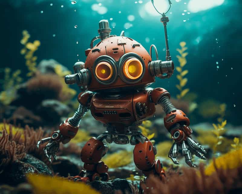 Midjourney Aspect Ratio: Roboter unter Wasser (Seitenverhältnis 5:4)